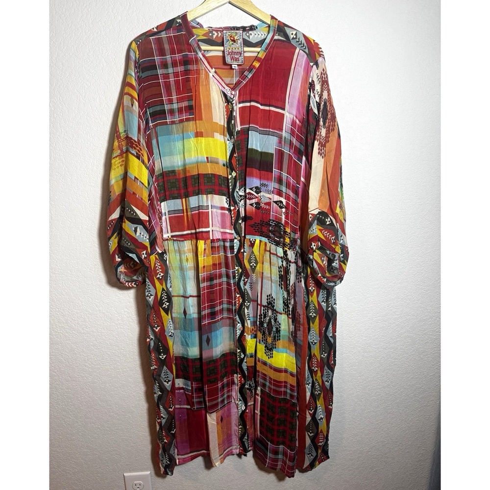 Johnny Was Patchwork Shirt Dress Womens 4X Multicolor 3/4 Kimono